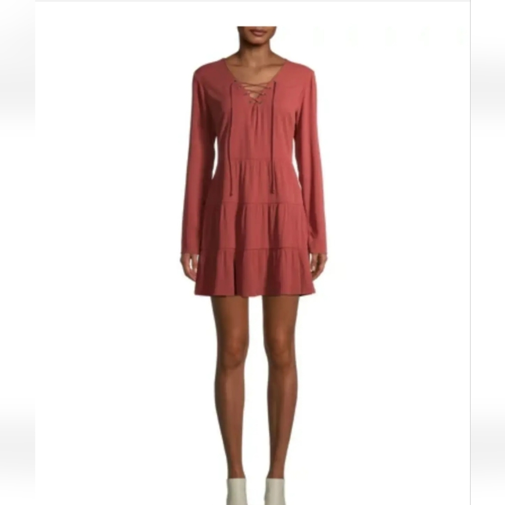 No Boundaries NWT JR LARGE 11-13 Lace Up RUST Brown Boho Rayon Blend Tier Dress